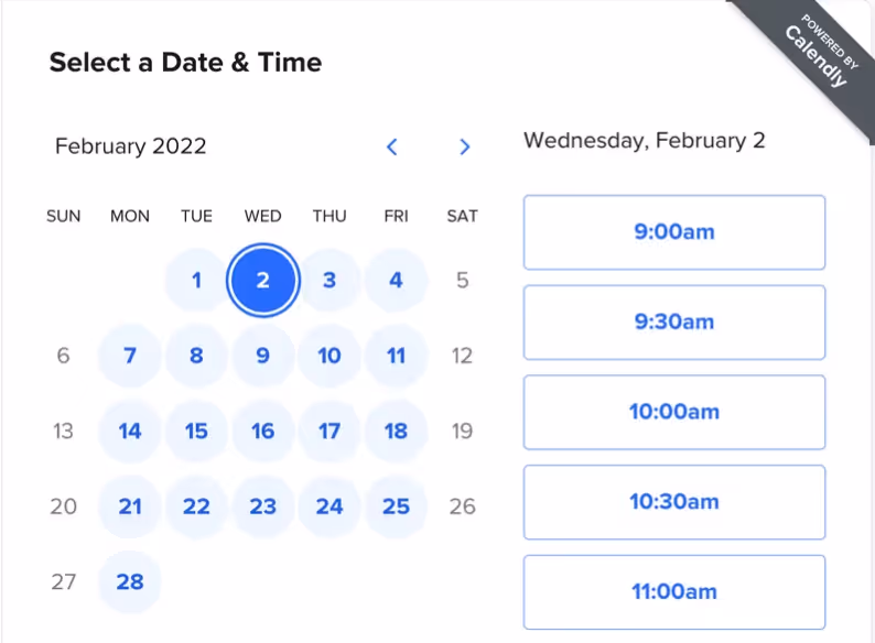 A screenshot of Calendly scheduling platform showing the available dates in blue and available time for the call at the left side after you select a date