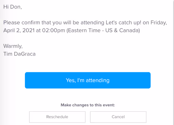 A screenshot of set up automatic confirmation messages that ask invitees to reconfirm their attendance for the call