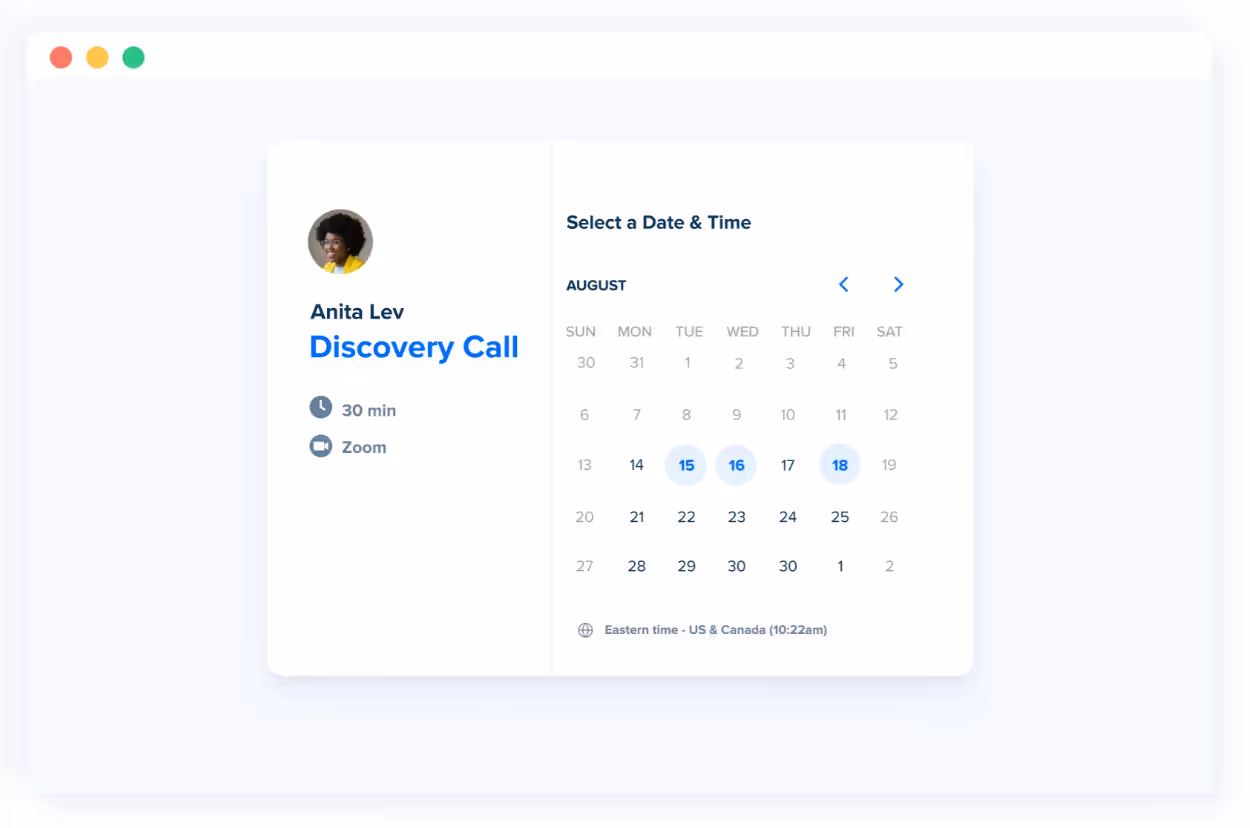 A screenshot of Calendly scheduling platform showing the available dates in blue