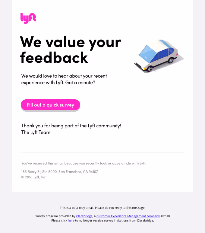 A screenshot of an email from Lyft asking for feedback. The email includes a link to a quick survey.