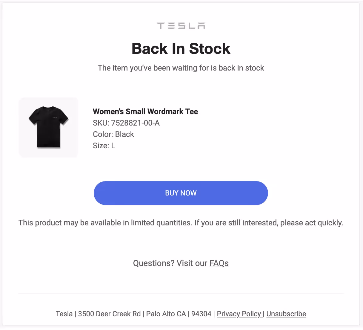 An email template from the TESLA brand showing updates on the restocking of a T-shirt product