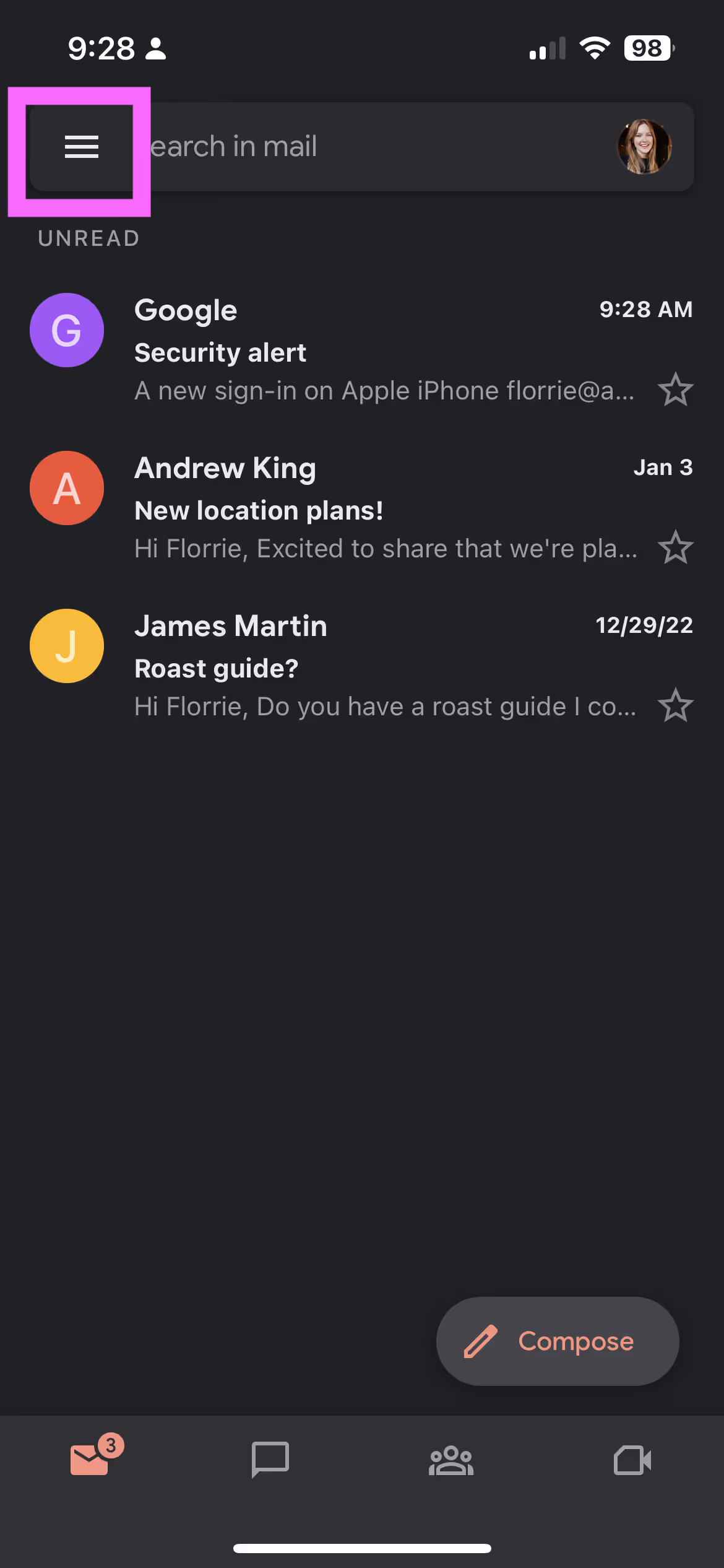 A screenshot of the Gmail inbox highlighting the drop-down menu (three horizontal lines) on mobile