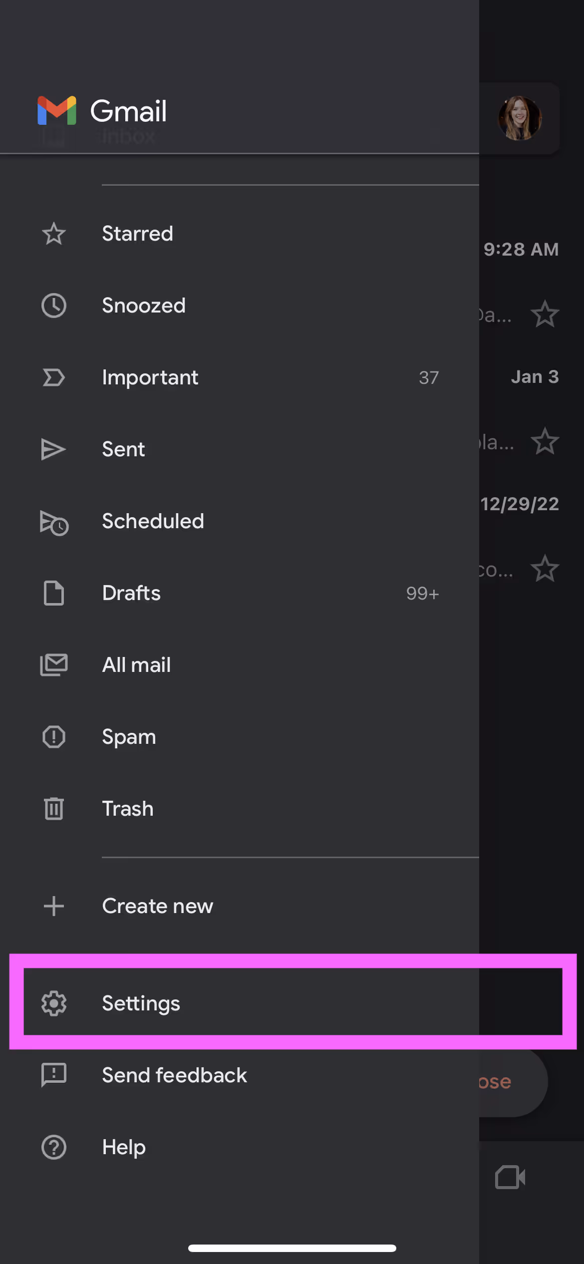 A screenshot of Gmail's drop-down menu section highlighting Settings on mobile