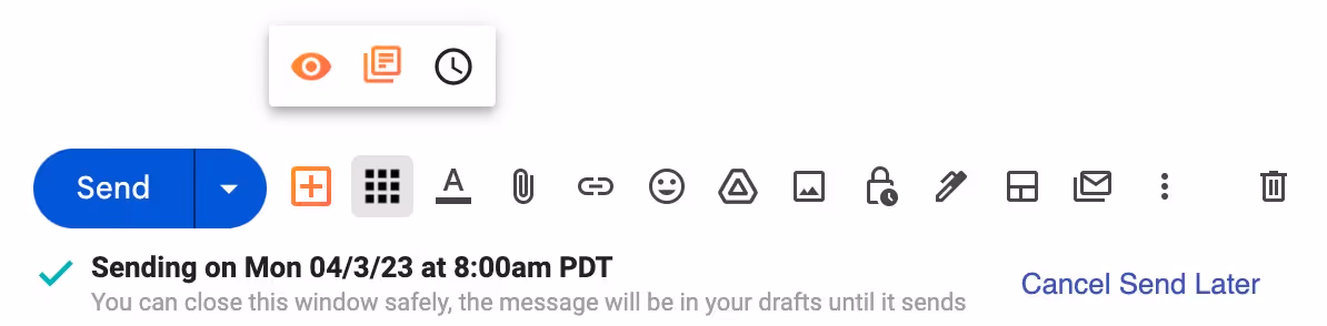 the bottom of an email draft that says "sending on Mon 04/3/23 at 8:00am PDT"