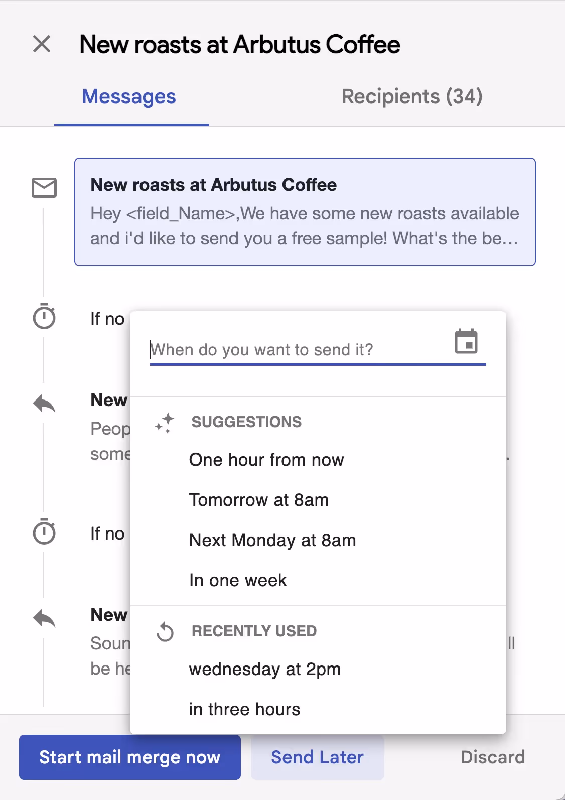 a menu with options for scheduling the first message in the mail merge