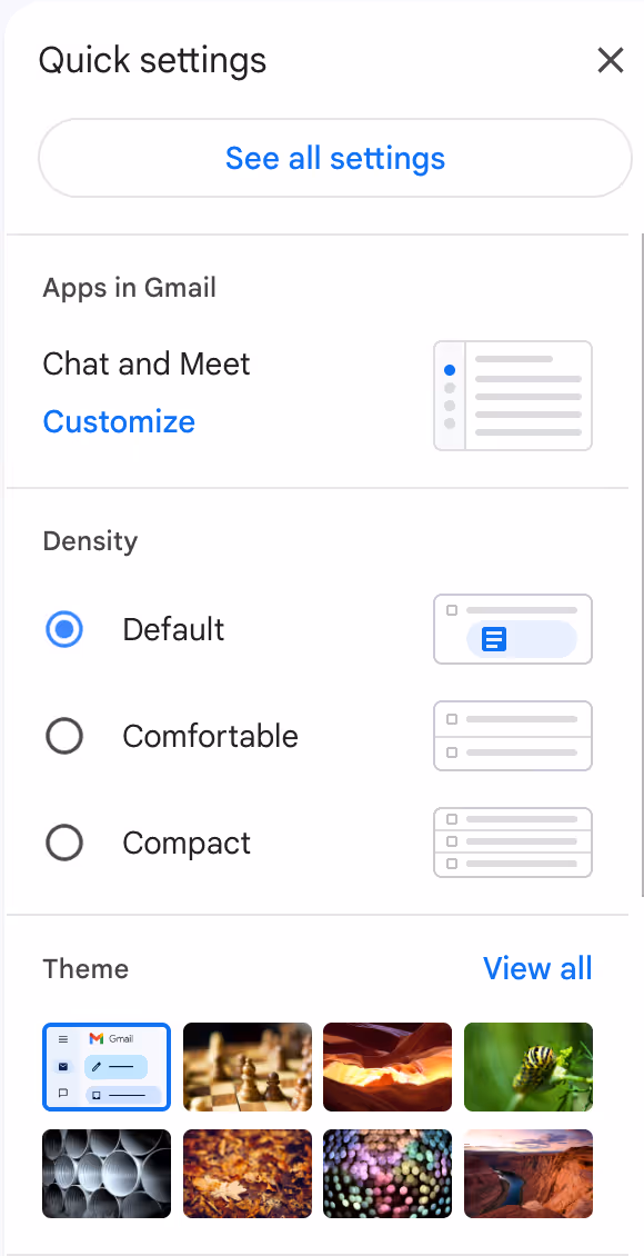 A screenshot of Gmail Quick Settings section from the gear icon menu
