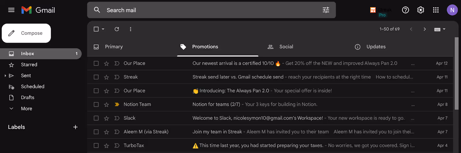 A screenshot of the Gmail's dark theme mode 