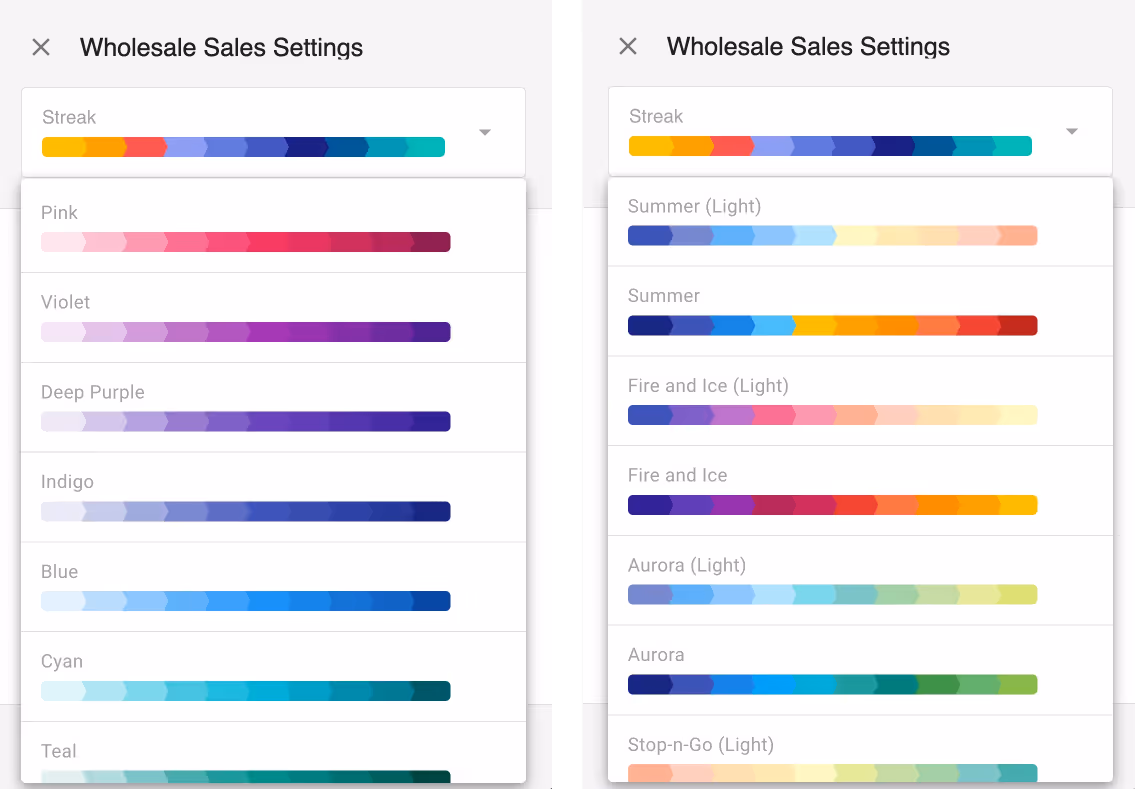 A screenshot of Streak's curated color sets for different pipeline themes