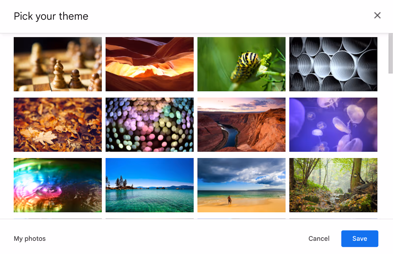 A screenshot of the Gmail pre-set themes from the Quick settings section