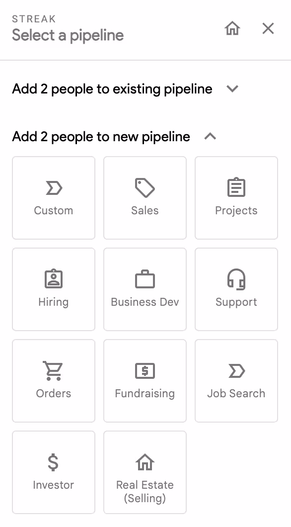 A screenshot of the Streak template when creating a pipeline