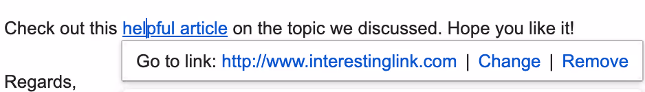 A section of an email with a hyperlink inserted in a Gmail draft.