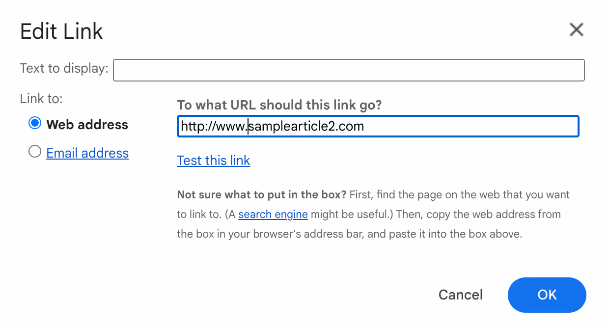 a screenshot of hyperlinking an image's Edit Link options in Gmail