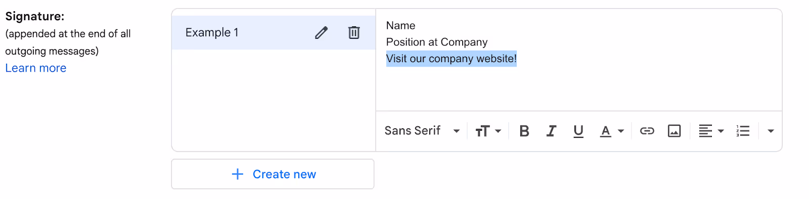 A screenshot of the signature section in Gmail settings