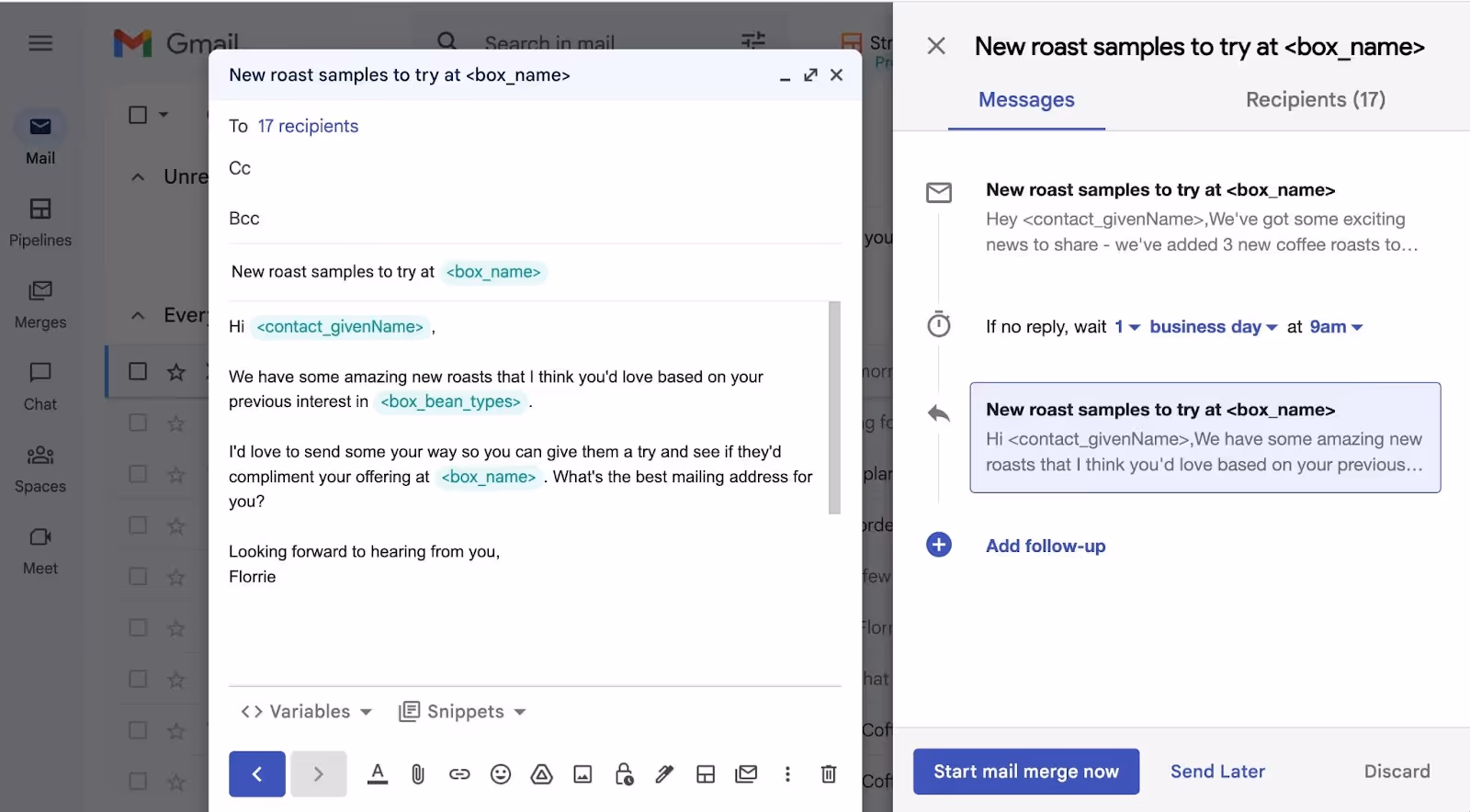 A screenshot showing the use of Streak mail merge in Gmail