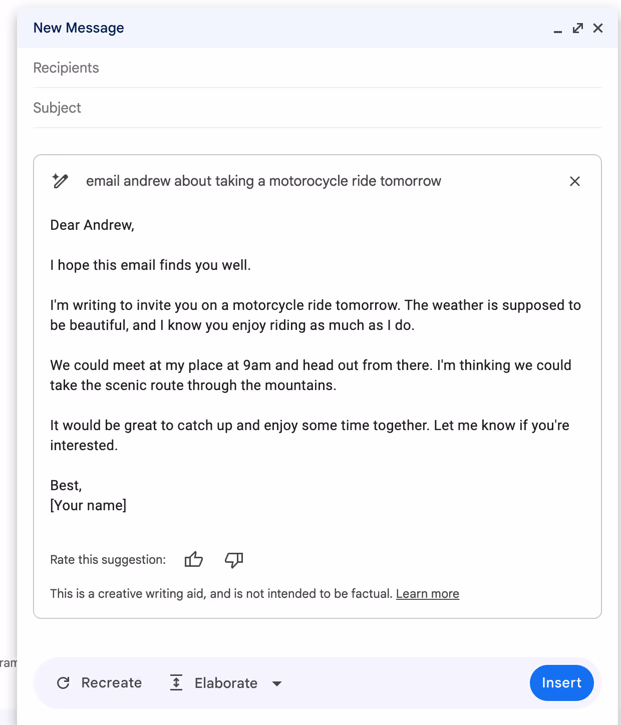 A screenshot of the Gmail email draft where AI was used