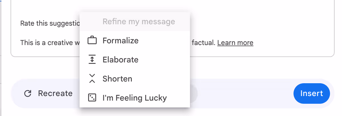A screenshot of the window that shows available options for refining AI-generated draft in Gmail
