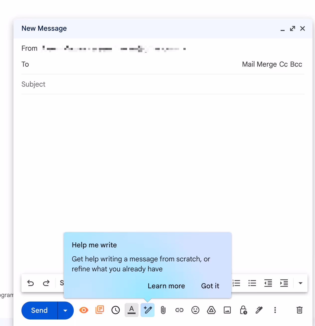 A screenshot of Gmail's email draft composition window with AI features for writing being shown in the "Help me Write" pop-up