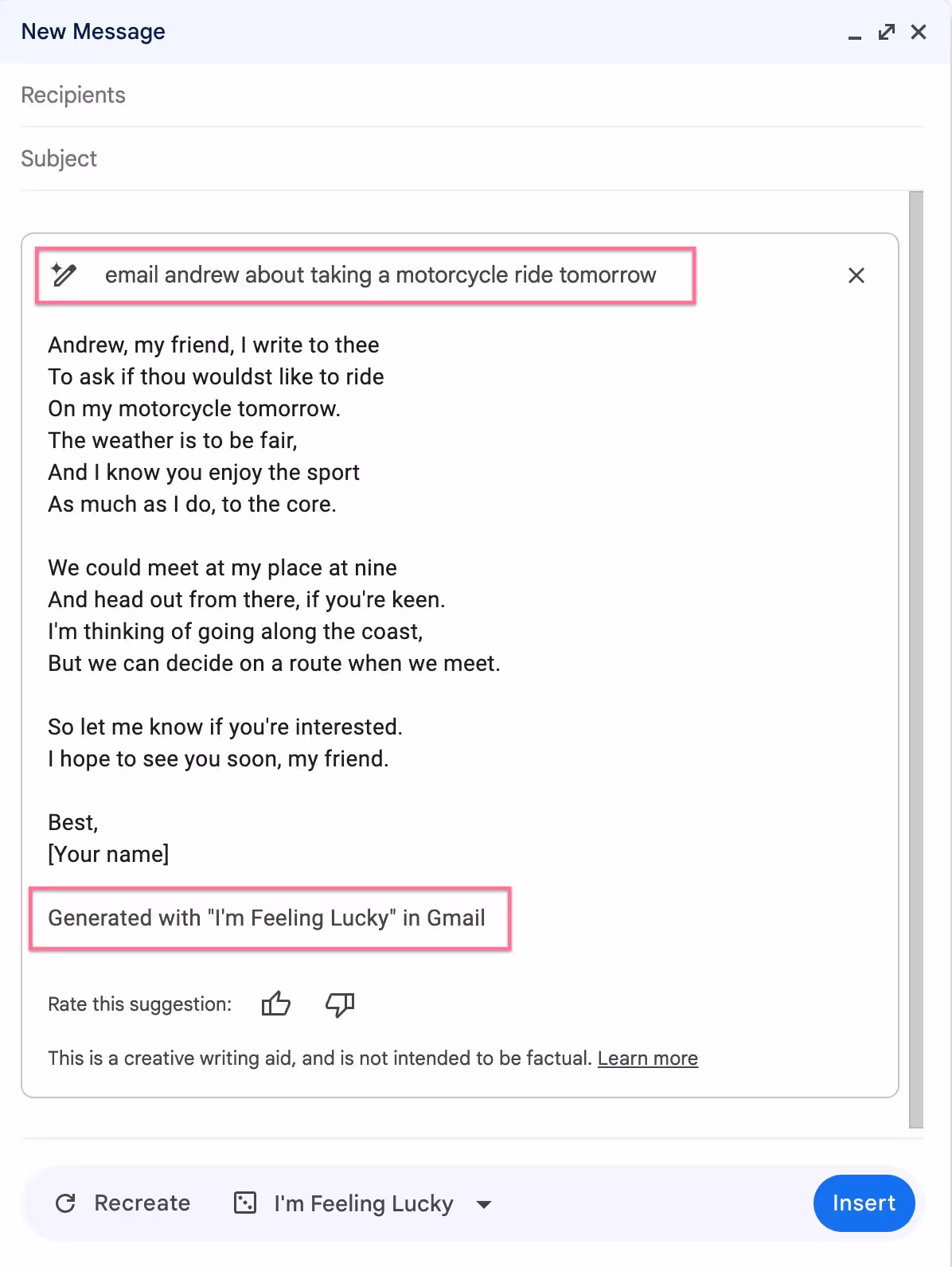 A screenshot of a quirky AI-generated email draft created with the "I'm feeling lucky" option in Gmail