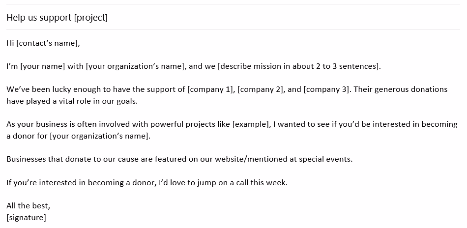 A donation request to businesses email template