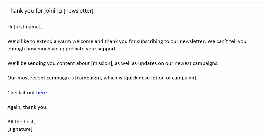 A standard welcome email template