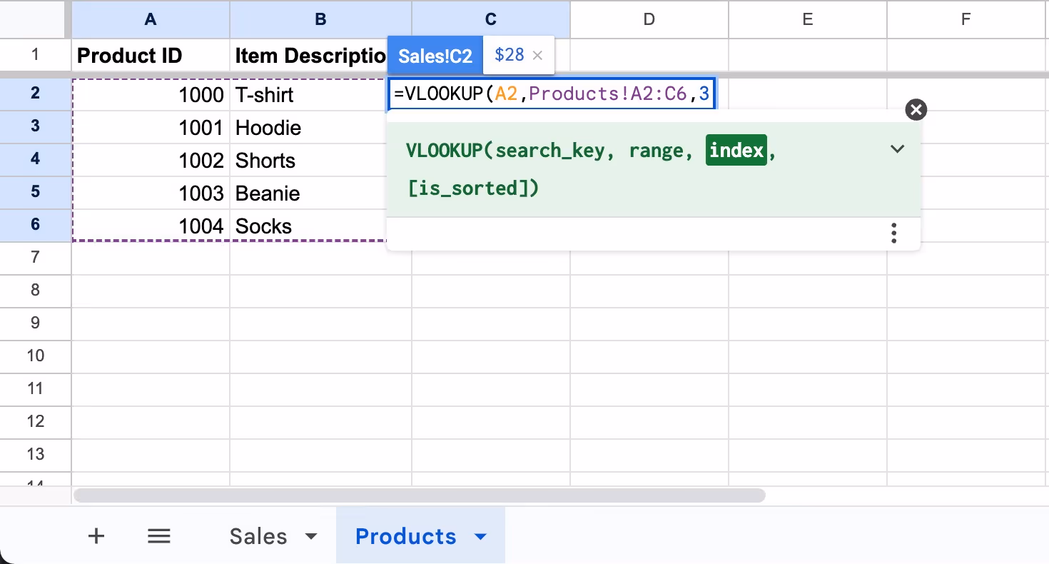 A screenshot of the spreadsheet showing the entered index