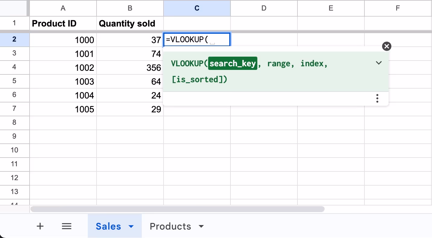 A screenshot of Google spreadsheet showing the search key