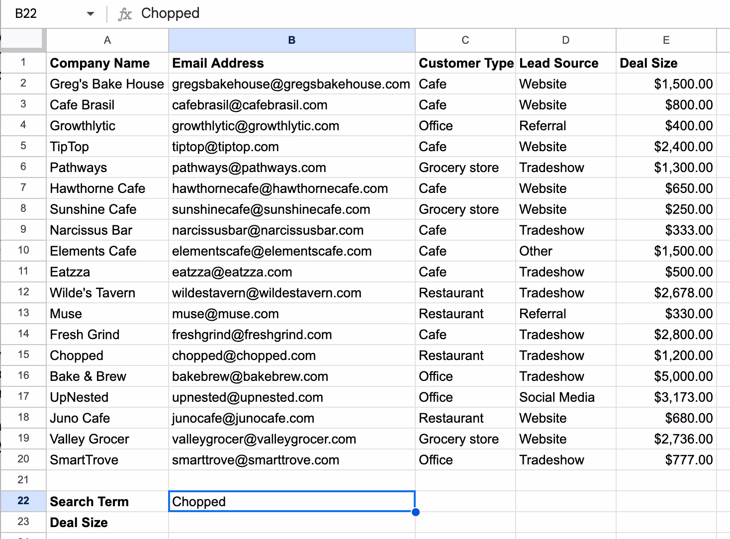 A screenshot of the Google spreadsheet with a list and the search term highlghted