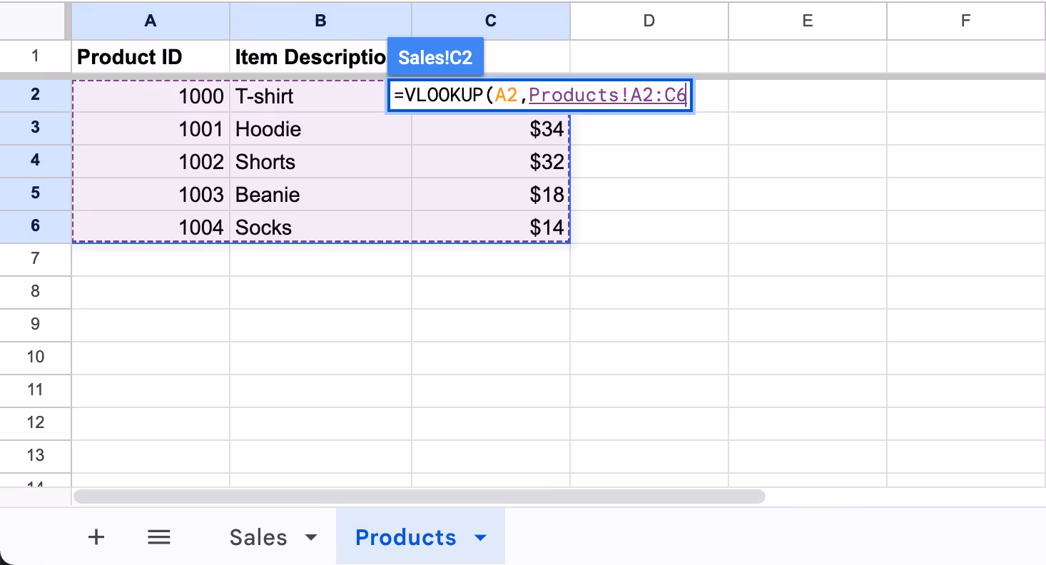 A Google spreadsheet showing the range of data for VLOOKUP