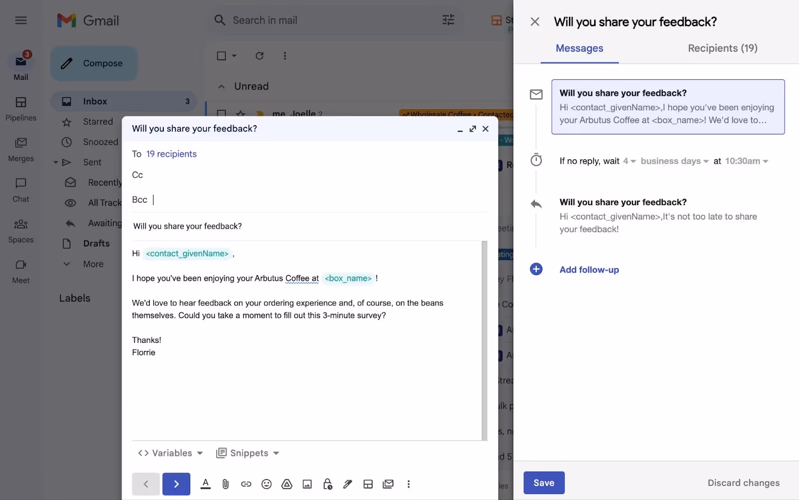 A screenshot of Gmail mass email being sent with mail merge