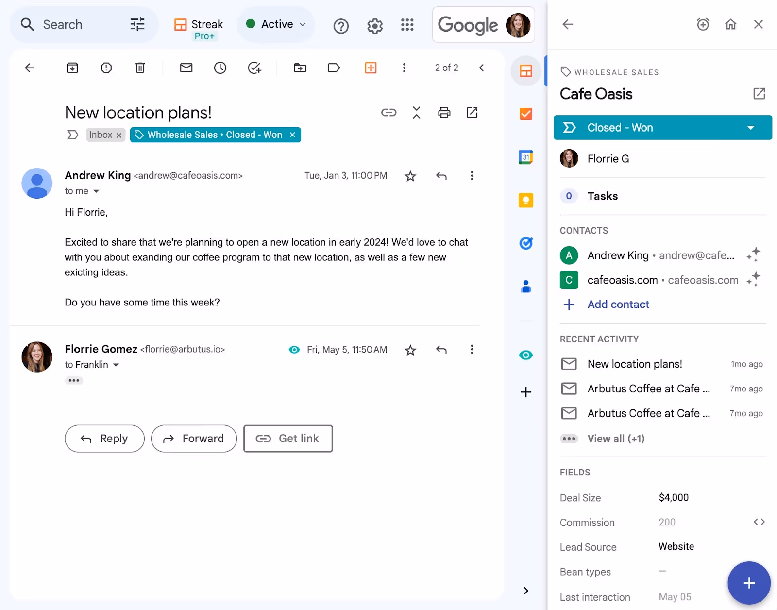 A screenshot of team emails shared and organized systematically with Streak extension in Gmail