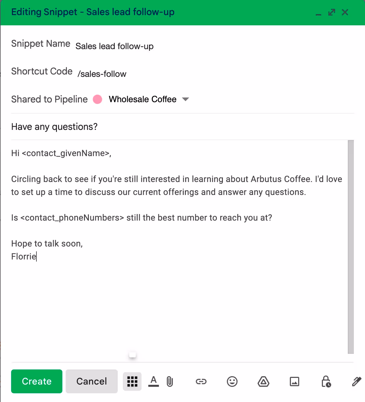 A screenshot of Streak's team snippets and canned responses