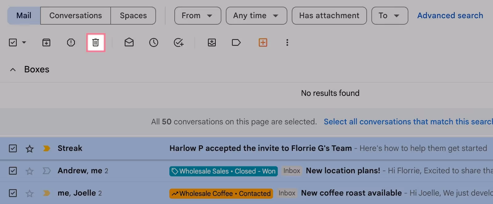 a gmail inbox with the trash icon highlighted