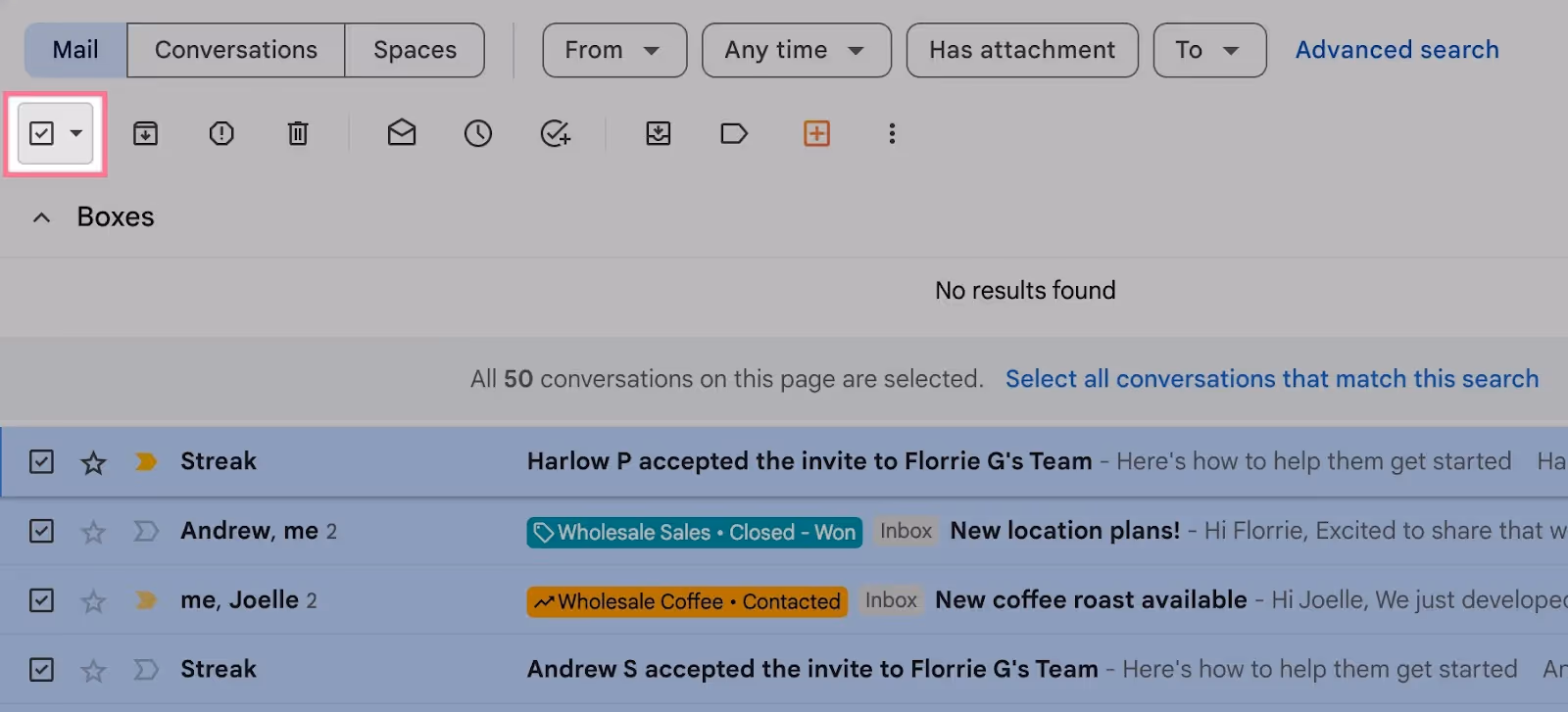 a gmail inbox with the check box marked to select all emails