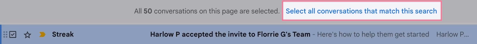 a gmail inbox focused on the "select all conversations that match this search" option