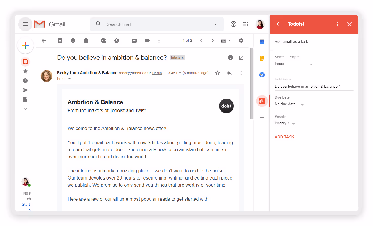 Use Gmail with the Todoist Gmail extension for effective task management