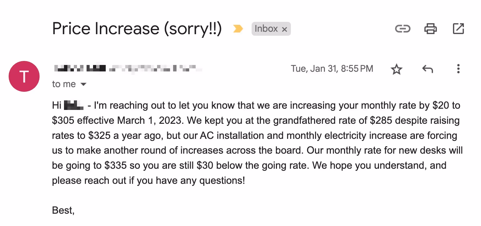 A price increase email from a coworking space