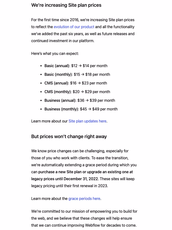a detailed price raise email from Webflow