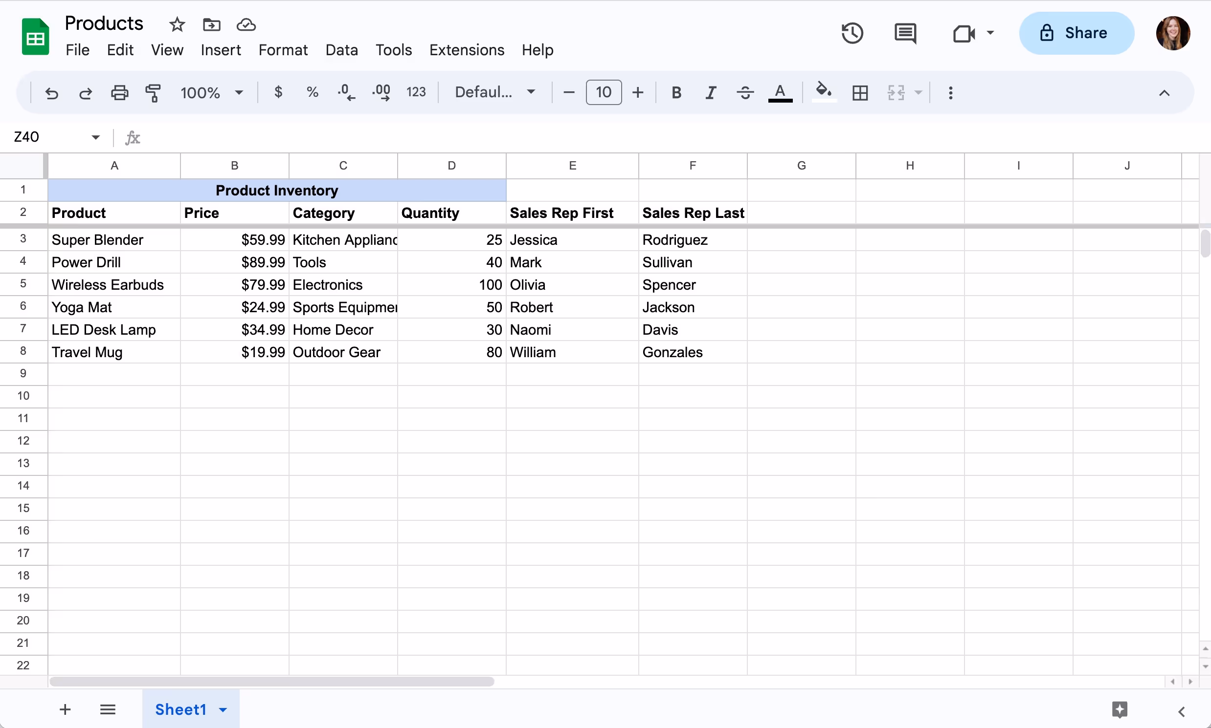 a sample google sheet spreadsheet