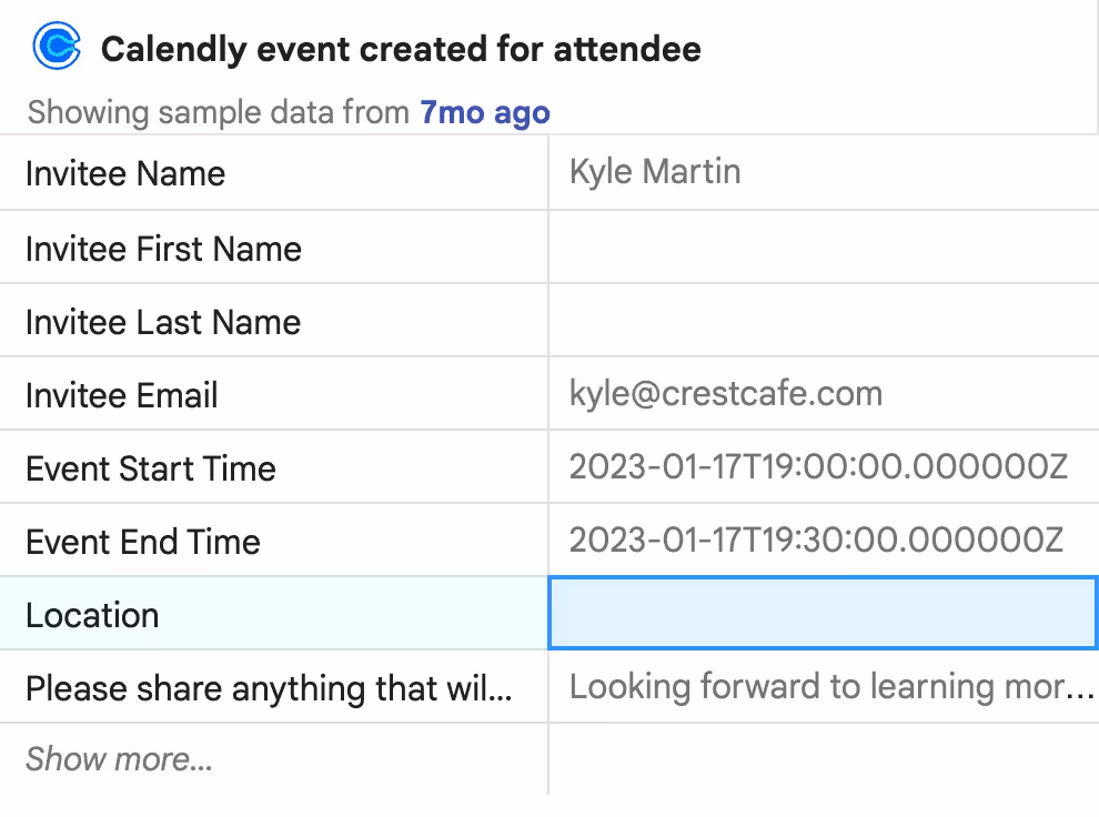 A native Streak integration with Calendly. The "location" field is highlighted.