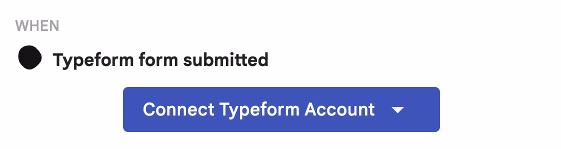 A Streak native automation trigger for Typeform with the "connect Typeform account" menu option shown.