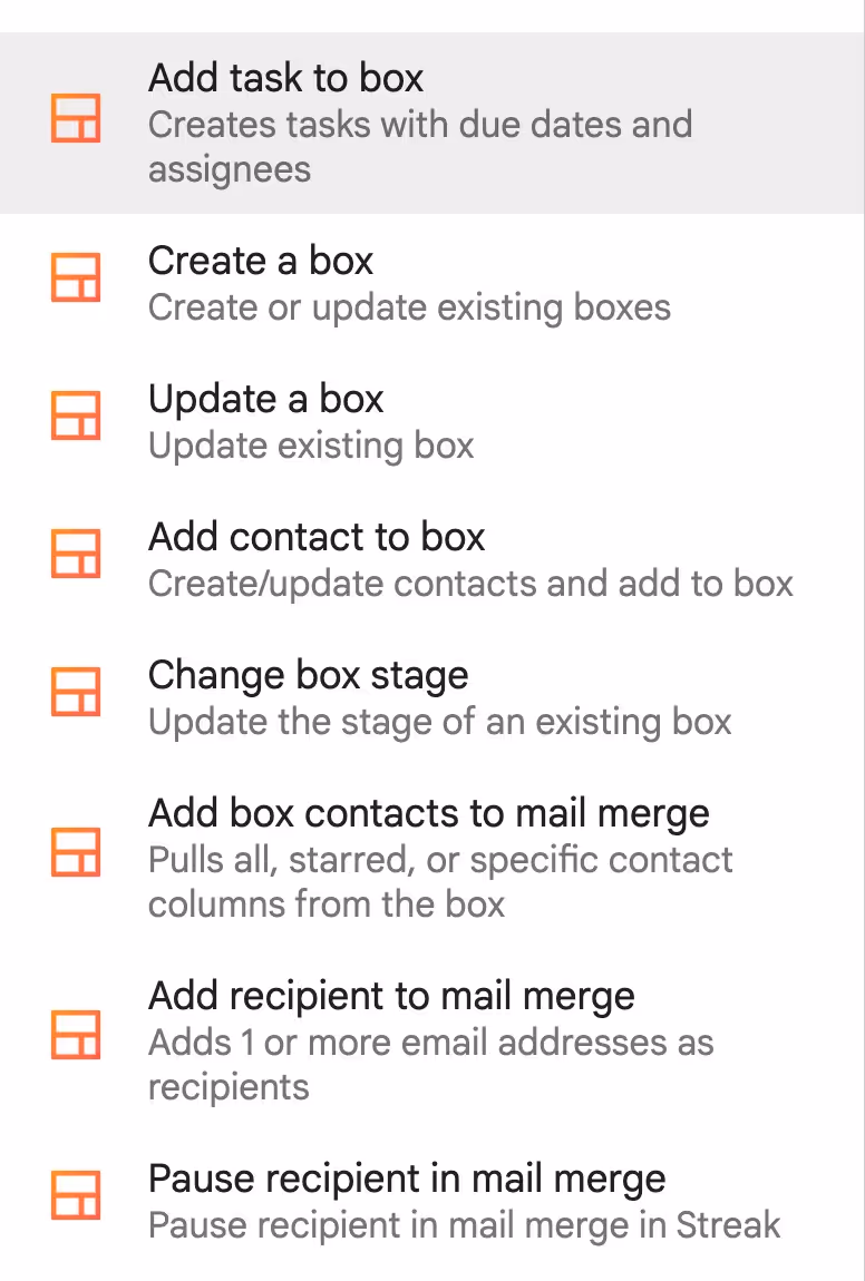A list of streak's native CRM automation actions