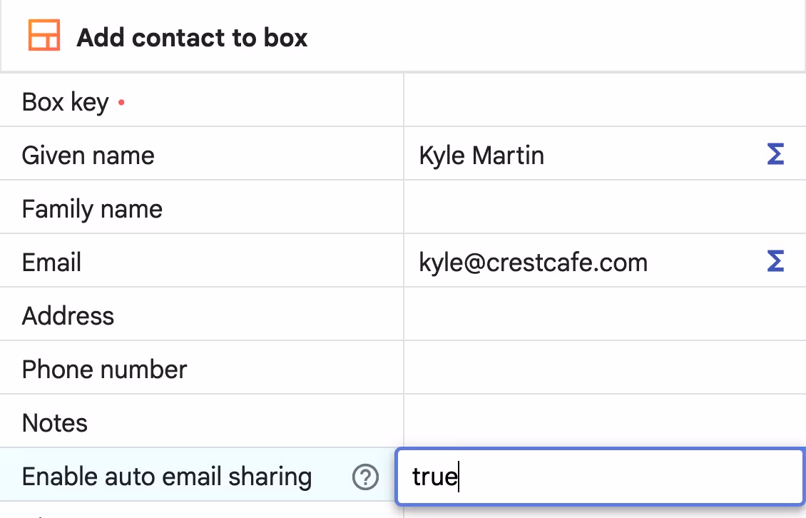 Streak "add contact to box" native automation action with the "enable auto email sharing" option highlighted