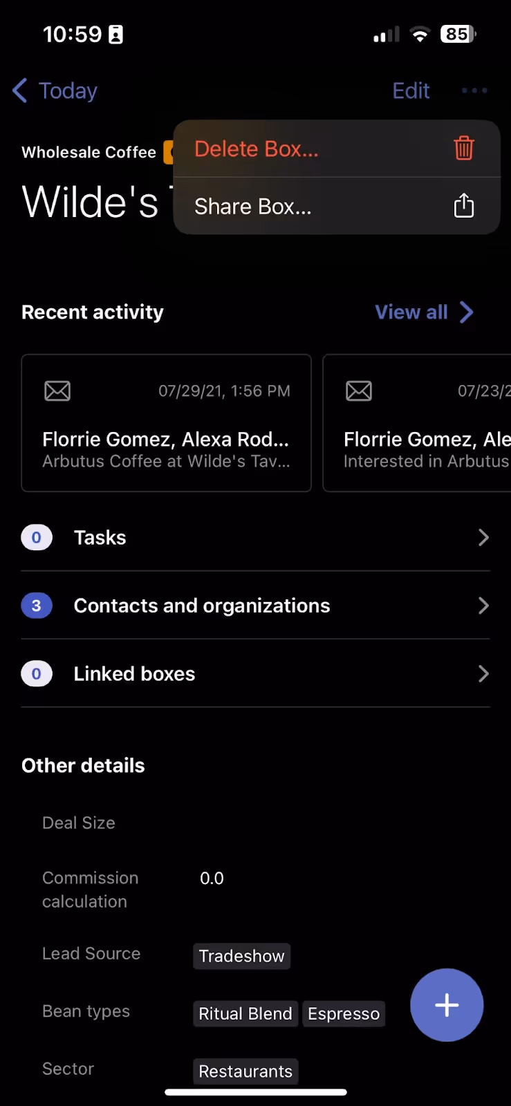 a screenshot of the Streak iOS app with the "share box" menu option visible