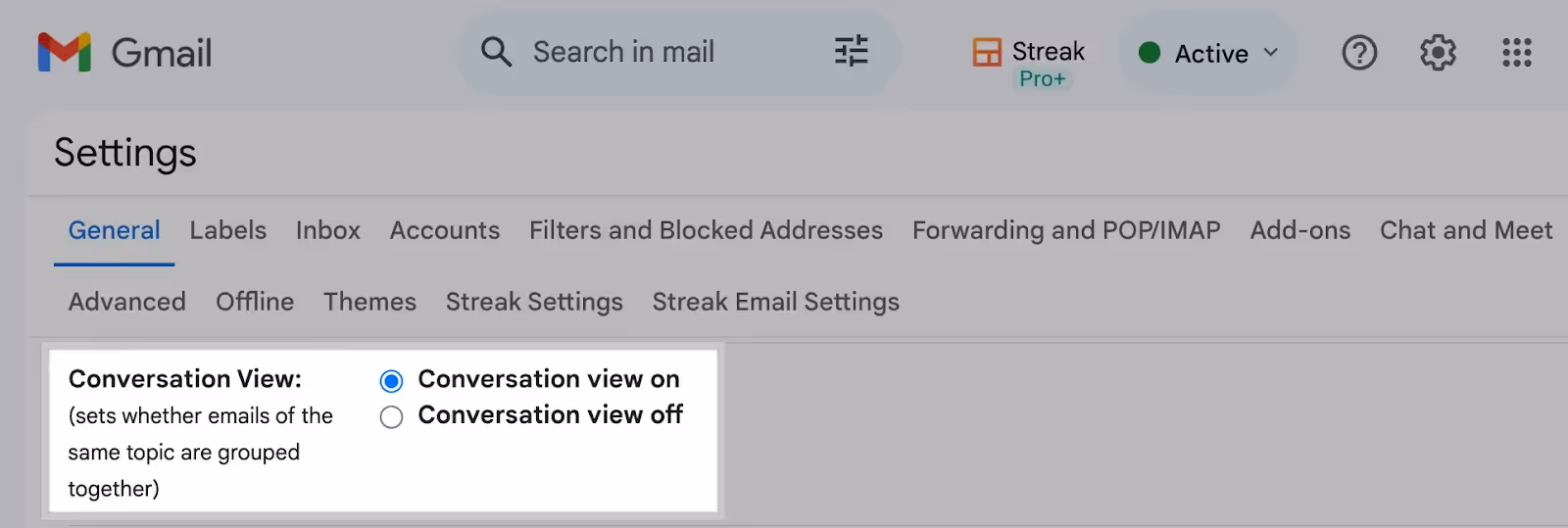 A screenshot of Gmail's conversation view settings options