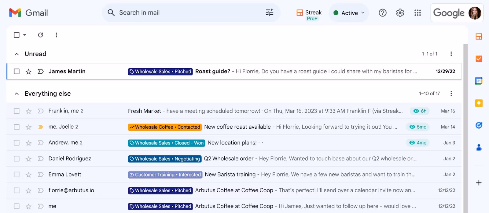 a screenshot of a Gmail inbox with Streak inbox labels 