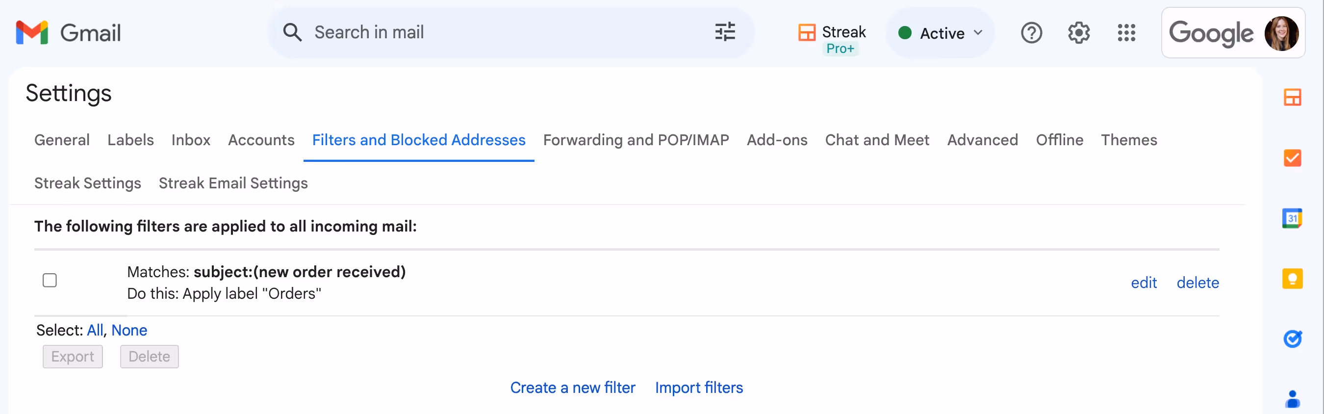A screenshot of the "Filters and Blocked Addresses" page within Gmail settings