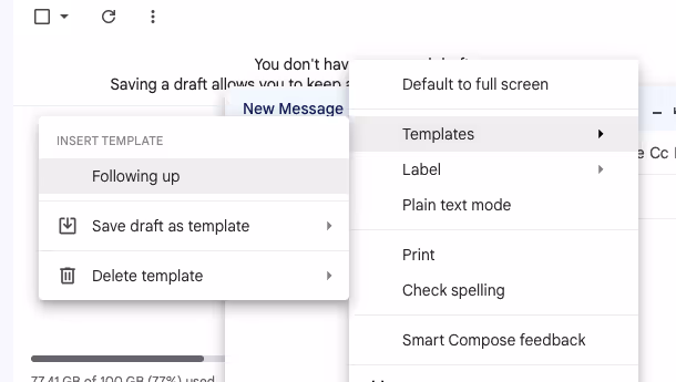 A screenshot of the pop-up windows in Gmail inbox when you compose an email and select one of the available Templates.