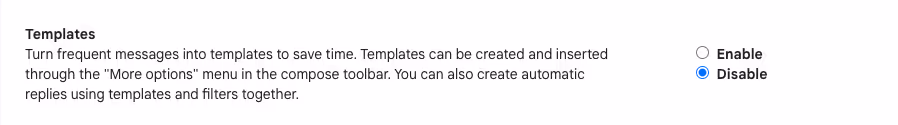 A screenshot of the Templates category in Gmail's Advanced Settings option