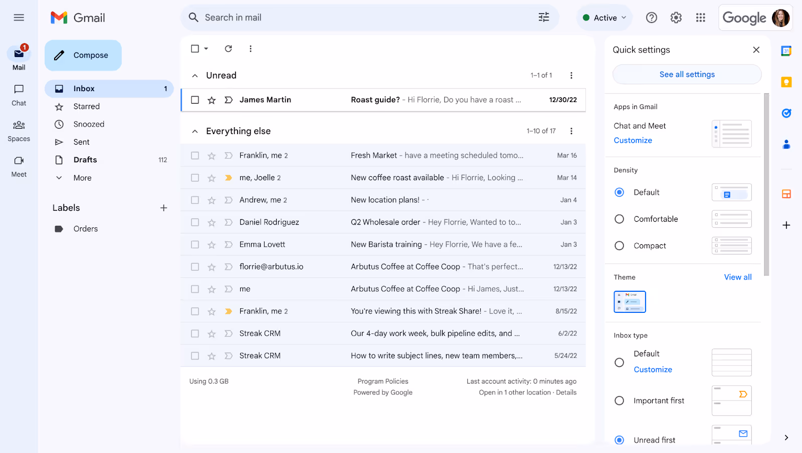 A screenshot of Gmail's formatting on a desktop showing an example of what the inbox looks like when clicking the Labels section.