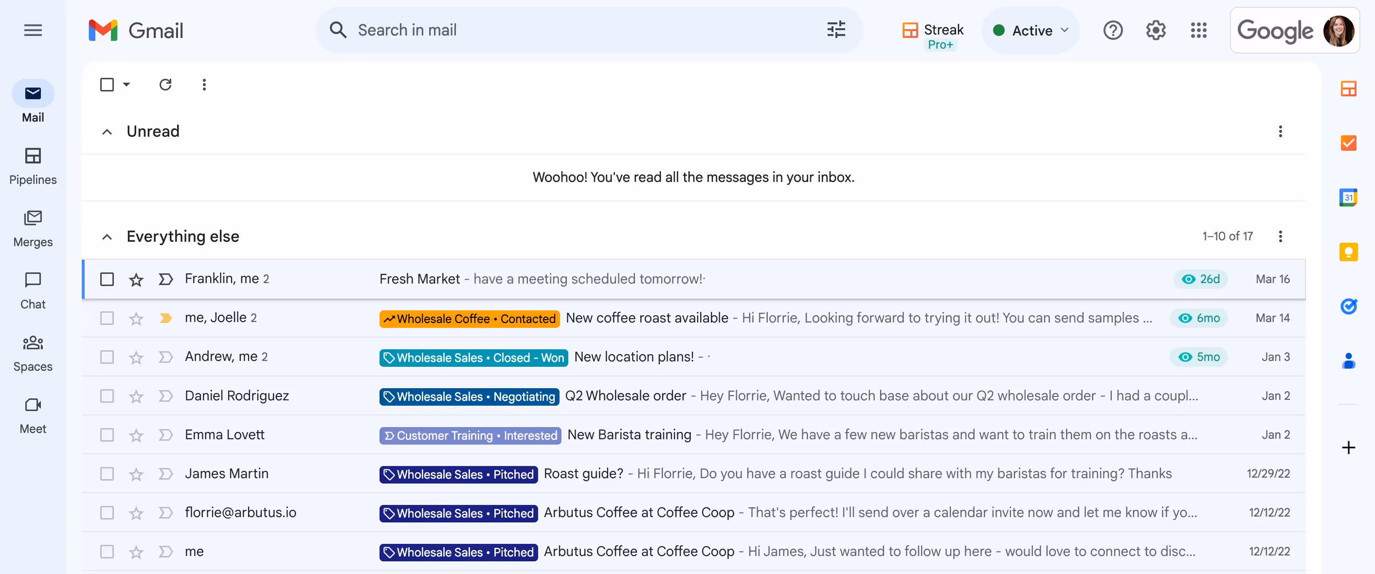 A screenshot of a Gmail inbox with Streak inbox labels